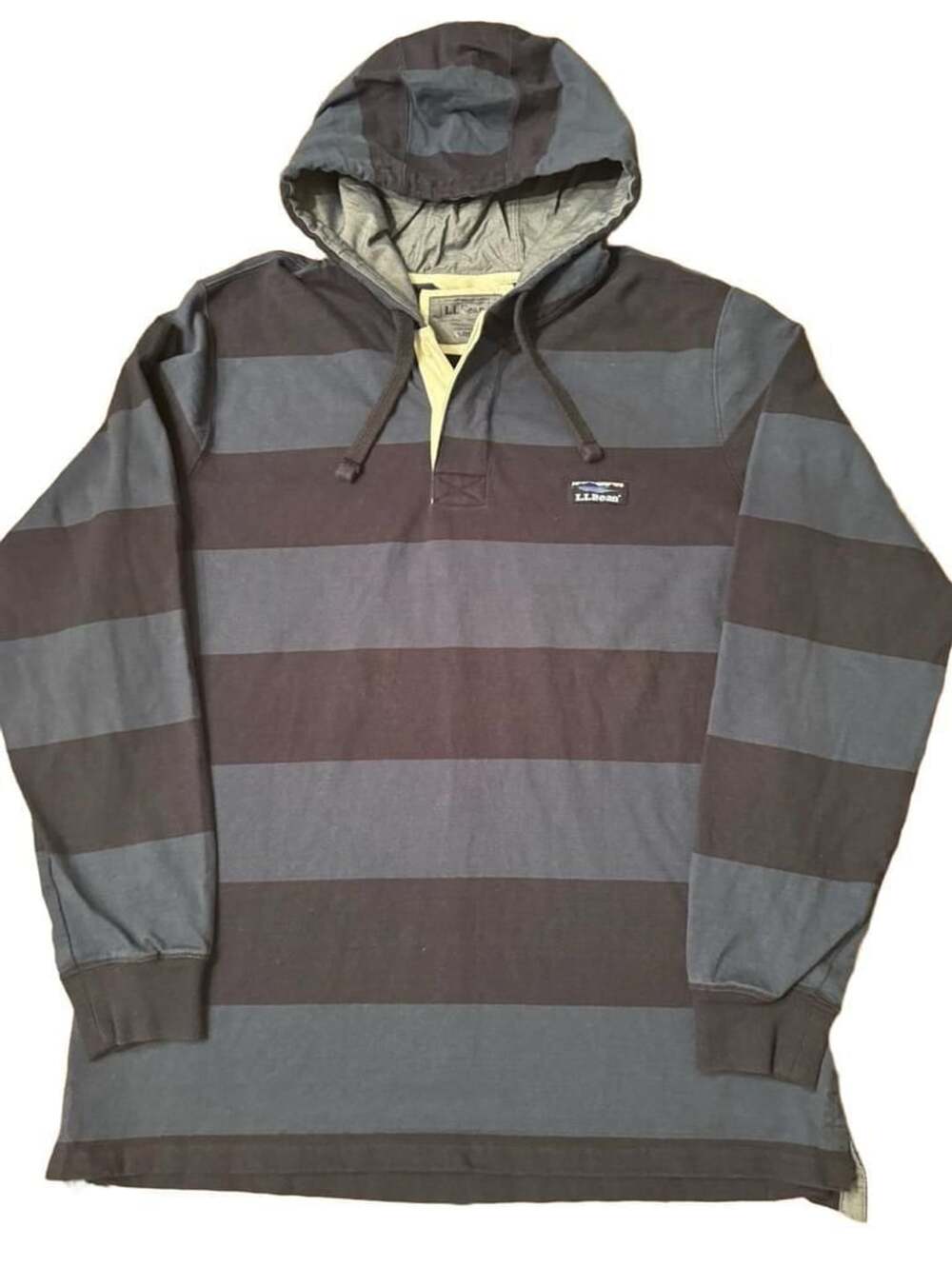 L.L. Bean Blue Striped Rugby Pullover Hoodie Sweatshirt M Reg h1417